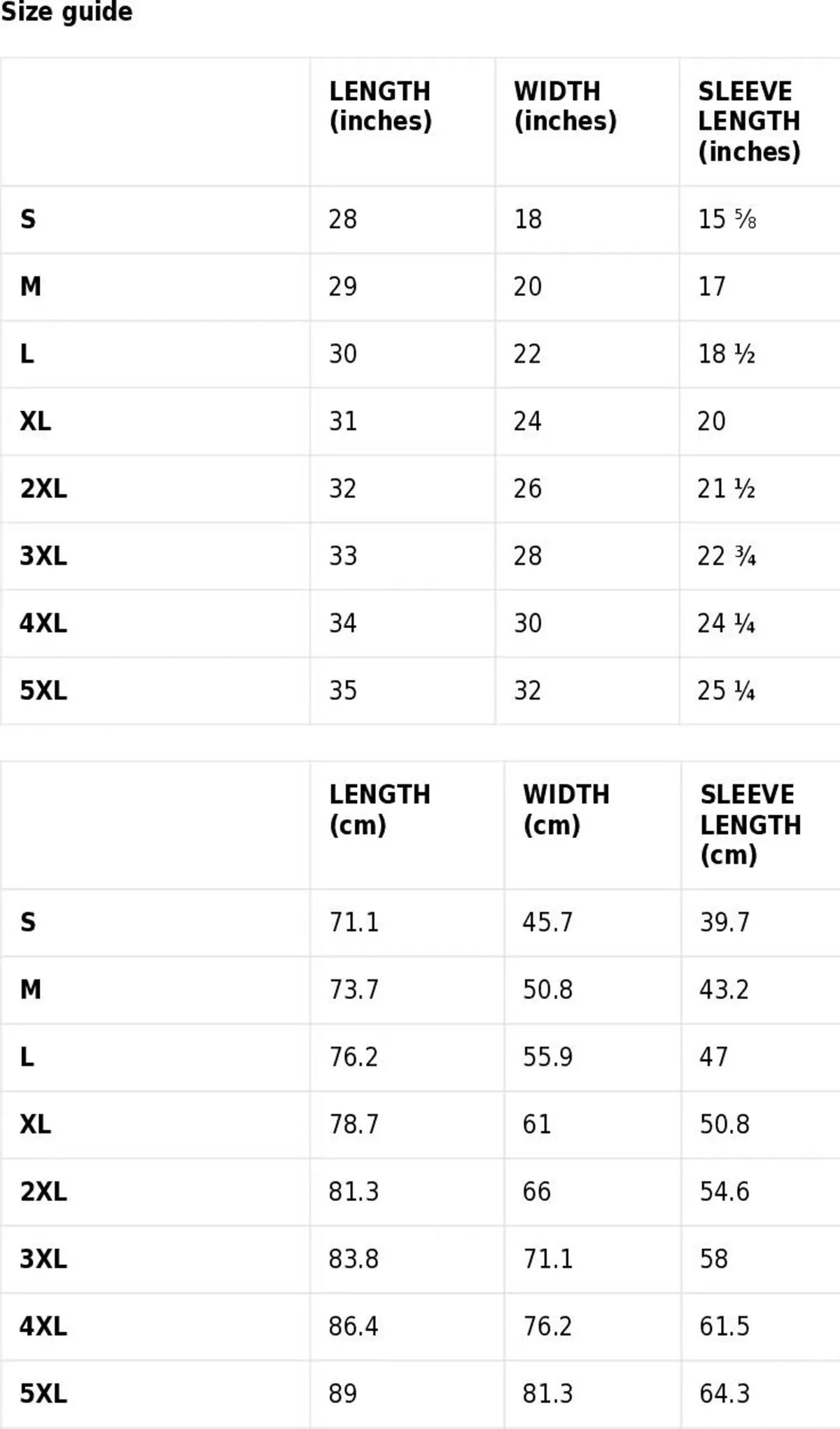 Decibels & Gasoline T-shirt size chart in inches and centimetres