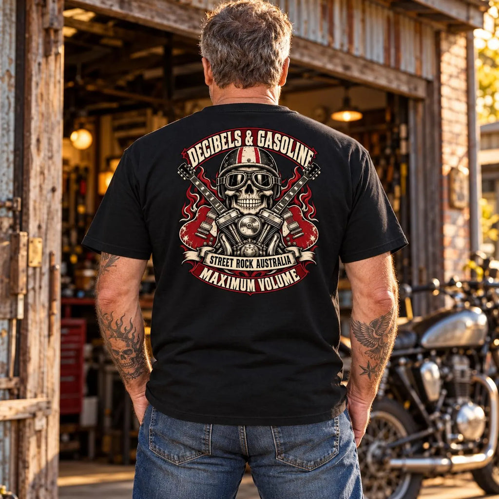 Man wearing the black Decibels & Gasoline T-shirt, back graphic