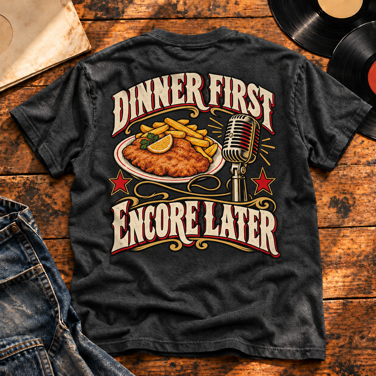 Dinner First Encore Later — Charcoal Heather back view