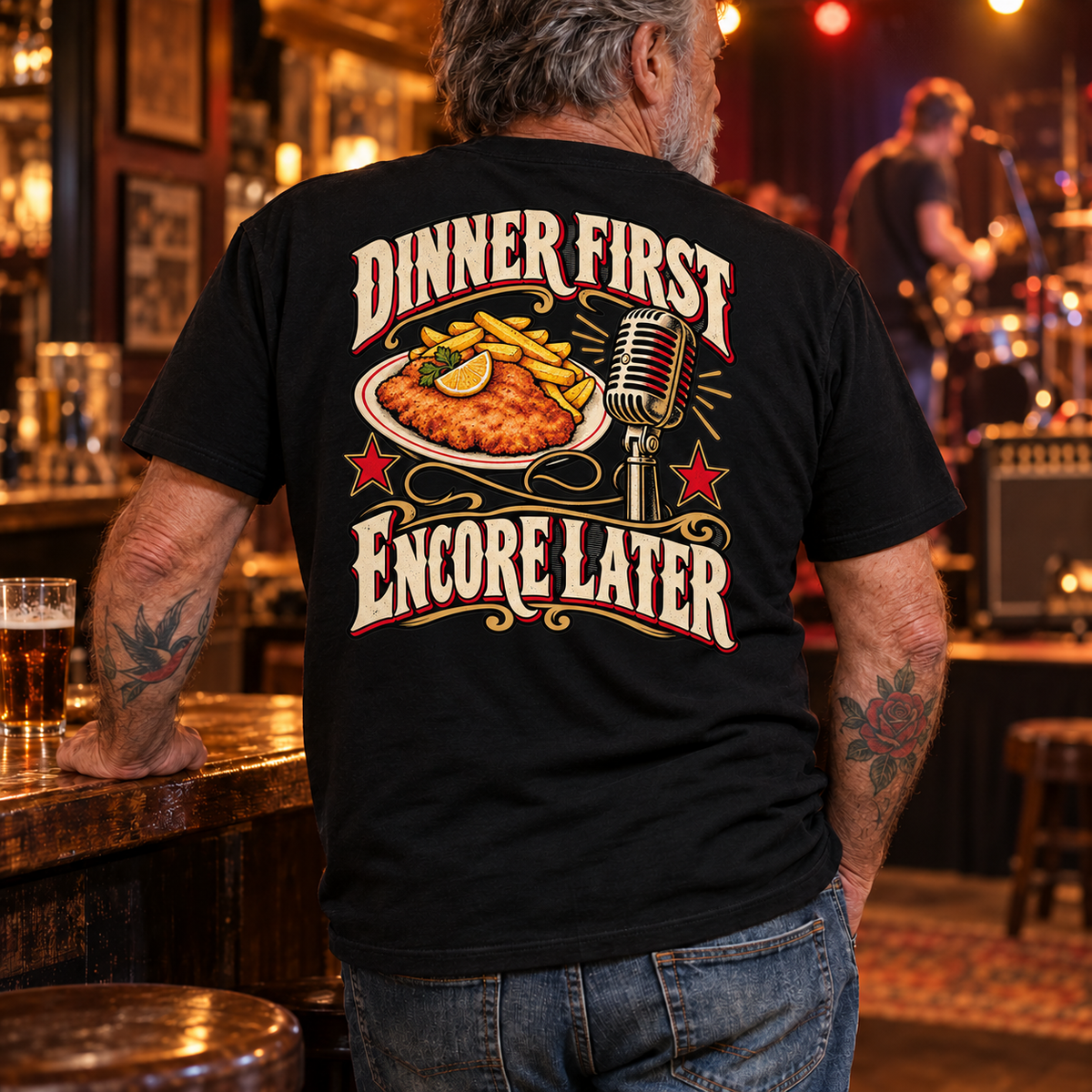 Dinner First Encore Later — Black pub lifestyle back view