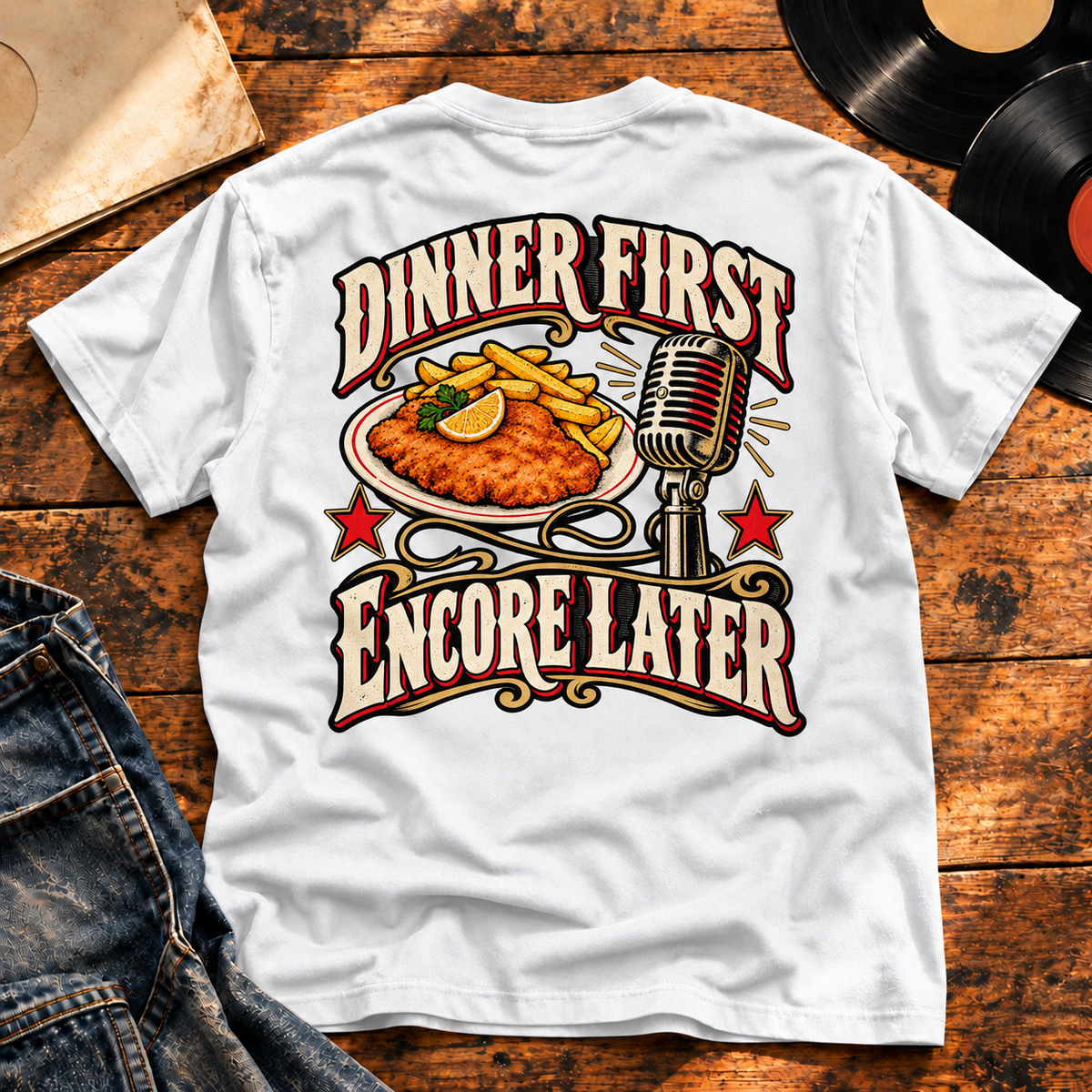 Dinner First Encore Later — White back view