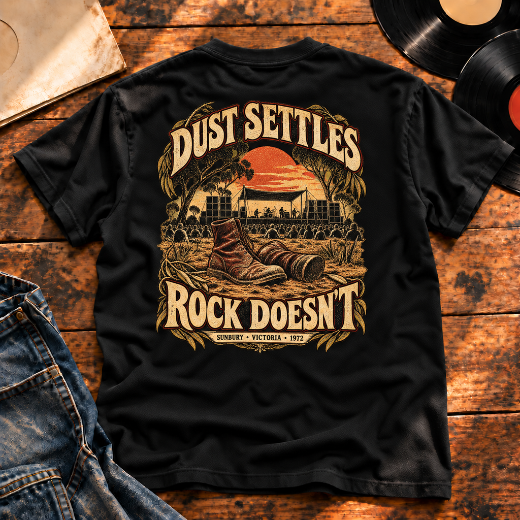 Dust Settles Rock Doesn’t Heavyweight Tee — black back-print vinyl hero