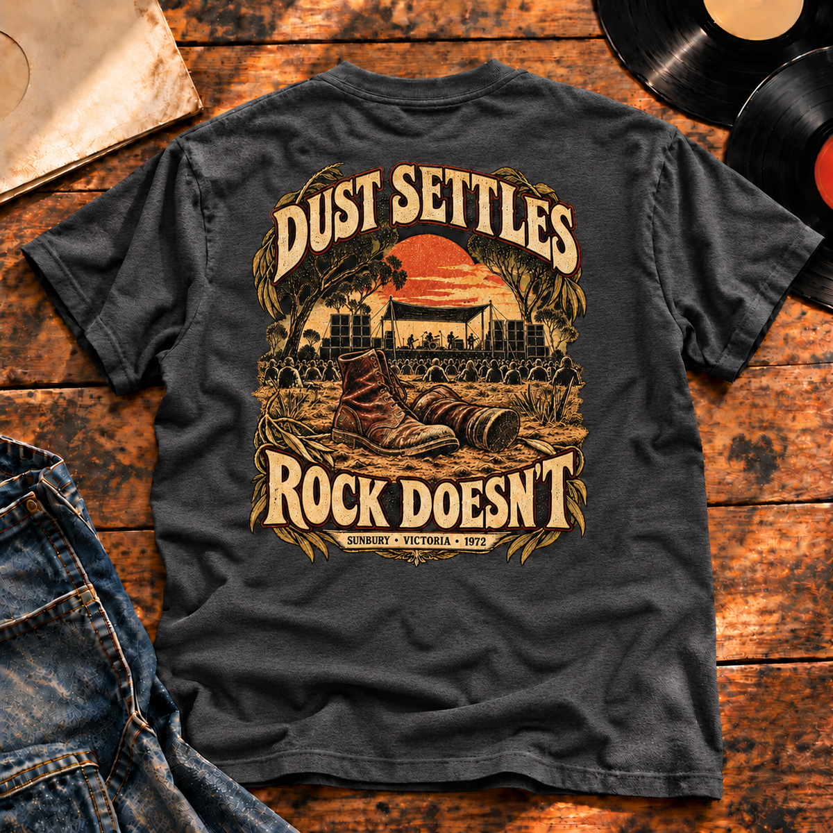 Dust Settles Rock Doesn’t Heavyweight Tee — charcoal heather back-print vinyl hero
