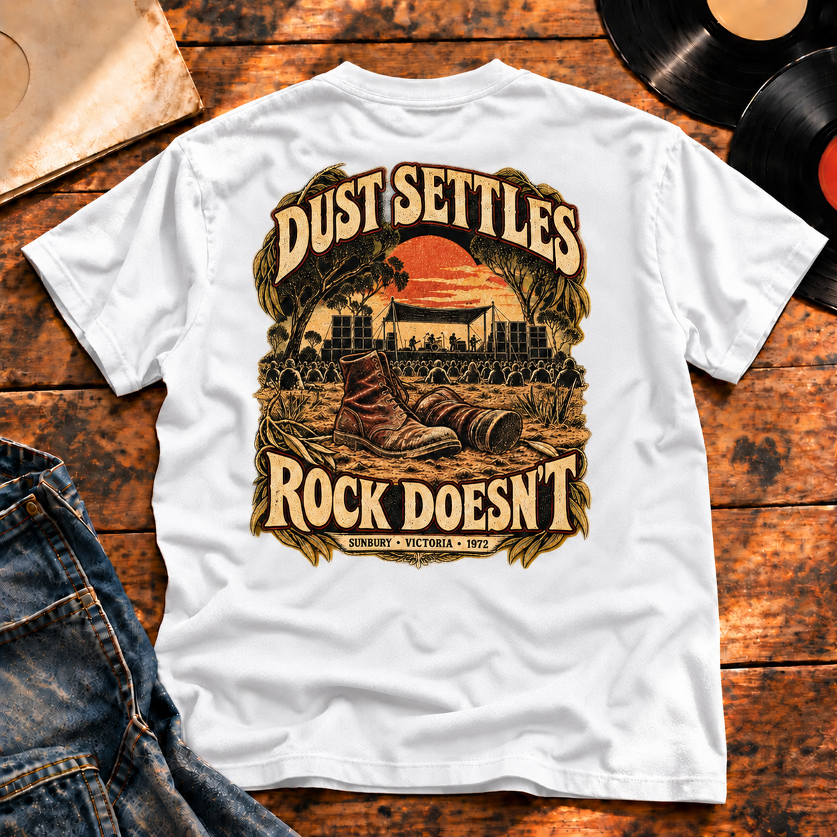 Dust Settles Rock Doesn’t Heavyweight Tee — white back-print vinyl hero