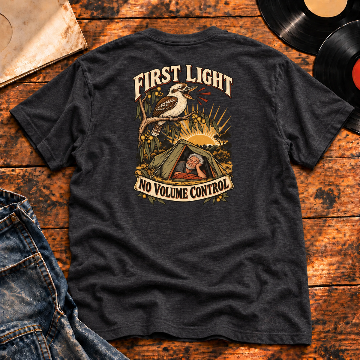 First Light No Volume Control Heavyweight Tee — charcoal back-print hero