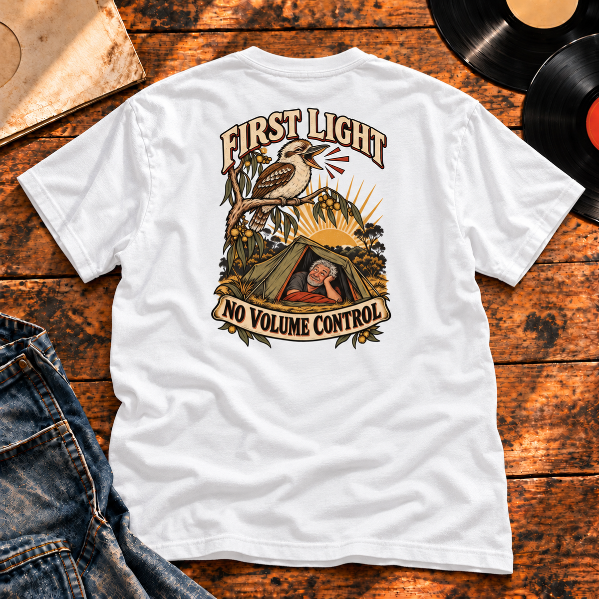 First Light No Volume Control Heavyweight Tee — white back-print hero