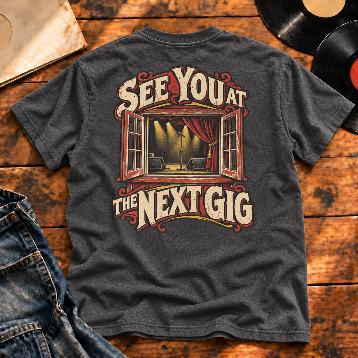 See You at the Next Gig Heavyweight Tee — Charcoal Heather back-print flatlay hero