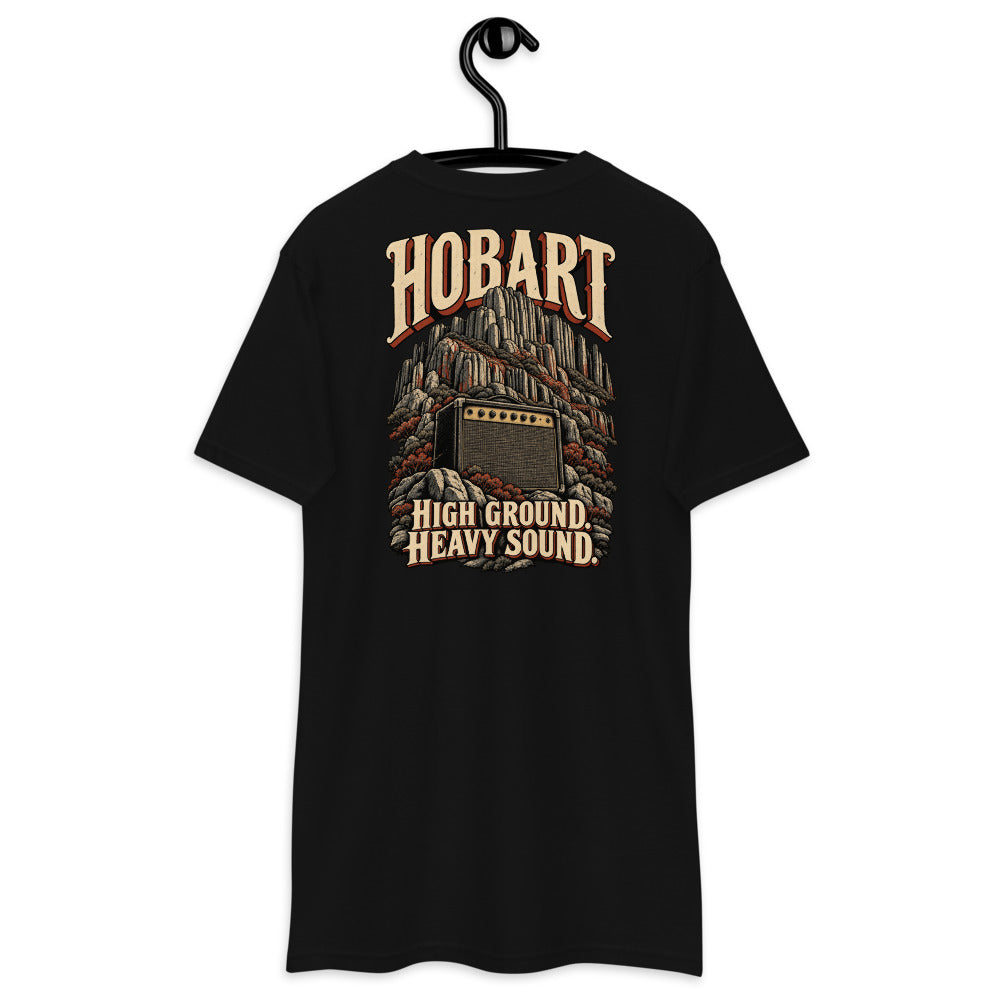 Hobart Mountain Volume Heavyweight Tee — Black, back view on hanger (Printful)
