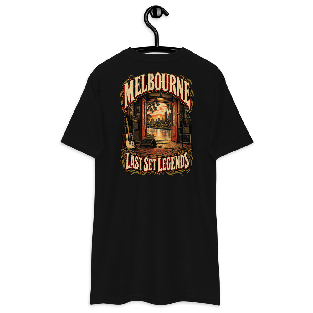 Melbourne Last Set Legends Heavyweight Tee — Black, back view on hanger (Printful)