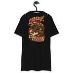 Brisbane Bottleneck & Backbeat Heavyweight Tee — Black, back view on hanger (Printful)