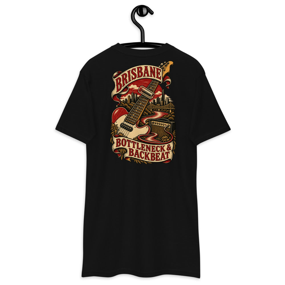 Brisbane Bottleneck & Backbeat Heavyweight Tee — Black, back view on hanger (Printful)
