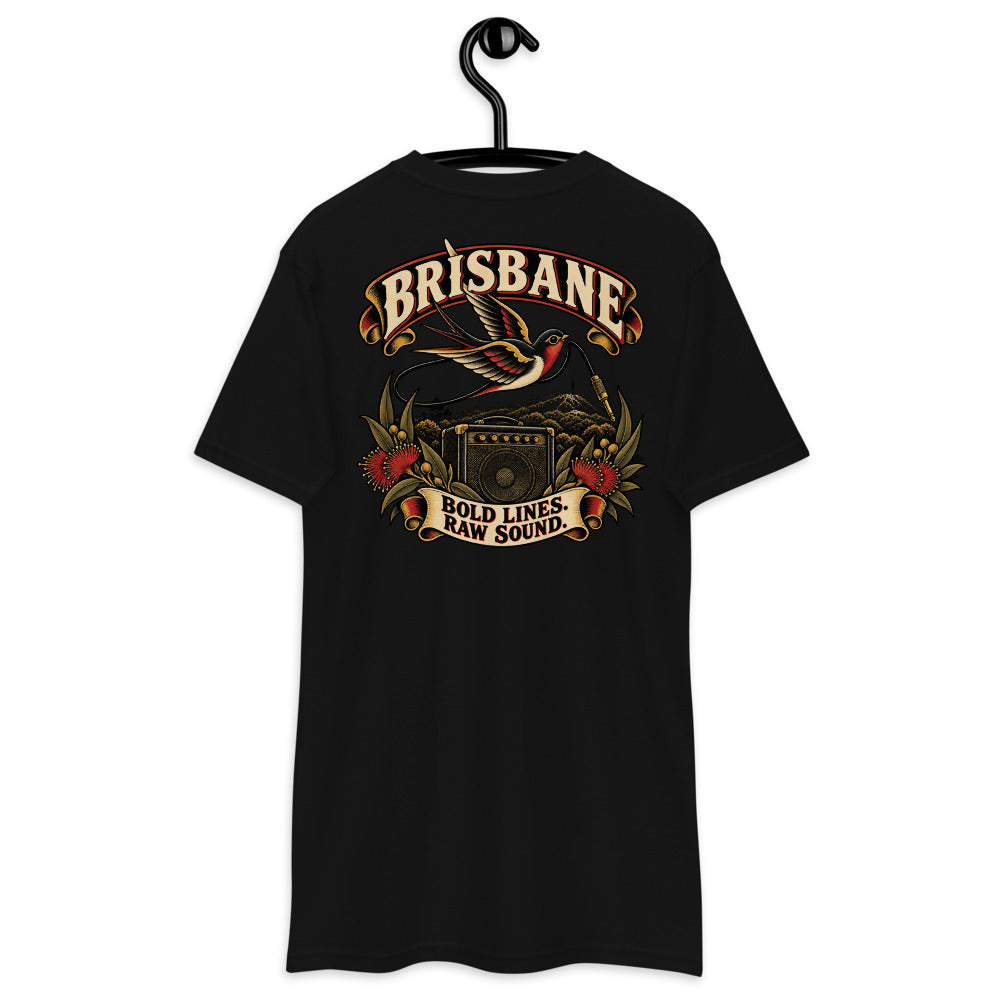 Brisbane Bold Lines Raw Sound Heavyweight Tee — Black, back view on hanger (Printful)