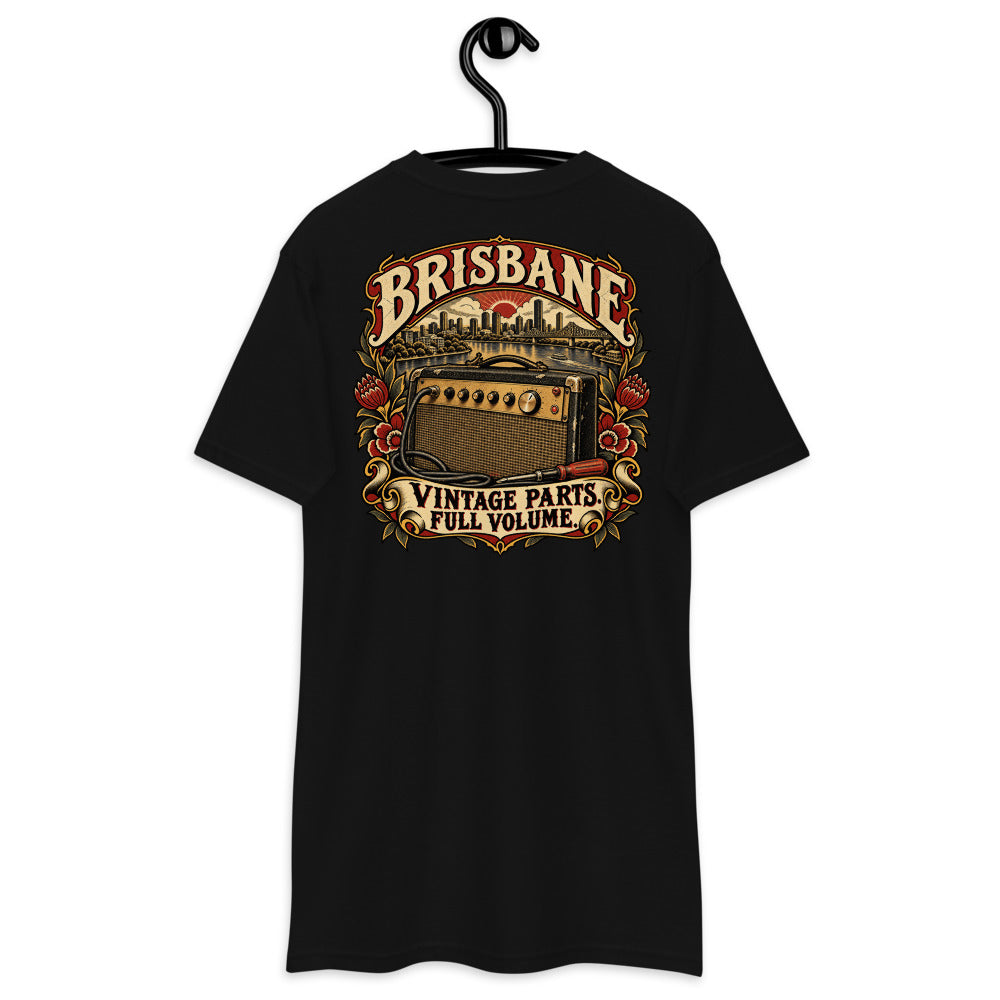Brisbane Vintage Parts Full Volume Heavyweight Tee — Black, back view on hanger (Printful)