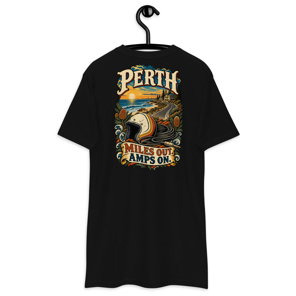 Perth Miles Out Amps On Heavyweight Tee — Black, back view on hanger (Printful)