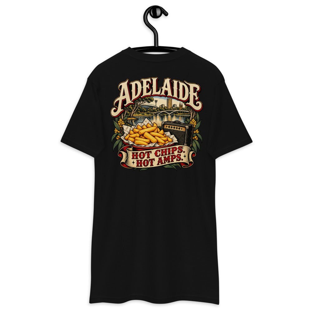 Adelaide Hot Chips Hot Amps Heavyweight Tee — Black, back view on hanger (Printful)