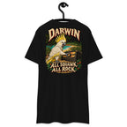 Darwin All Squawk All Rock Heavyweight Tee — Black, back view on hanger (Printful)