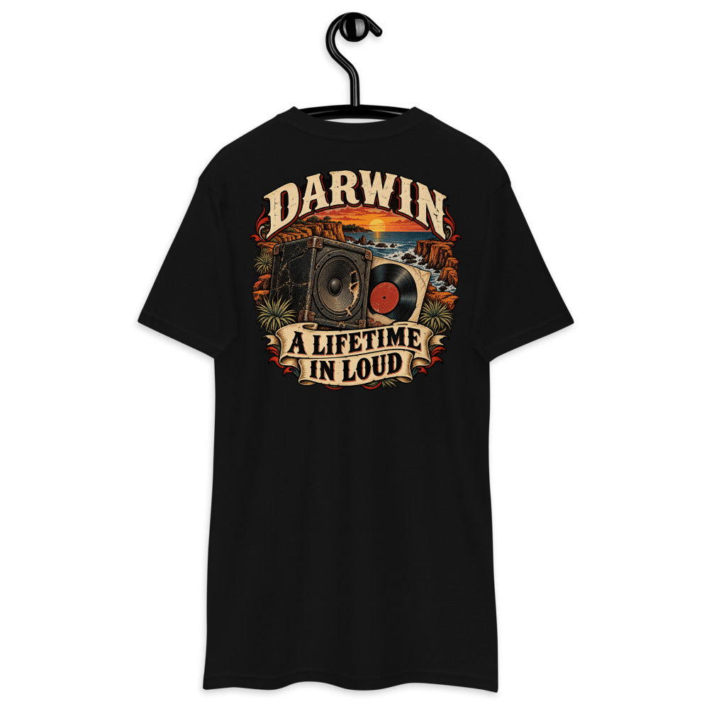 Darwin A Lifetime in Loud Heavyweight Tee — Black, back view on hanger (Printful)