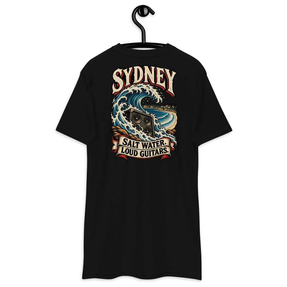 Sydney Bondi Breaker Heavyweight Tee — Black, back view on hanger (Printful)