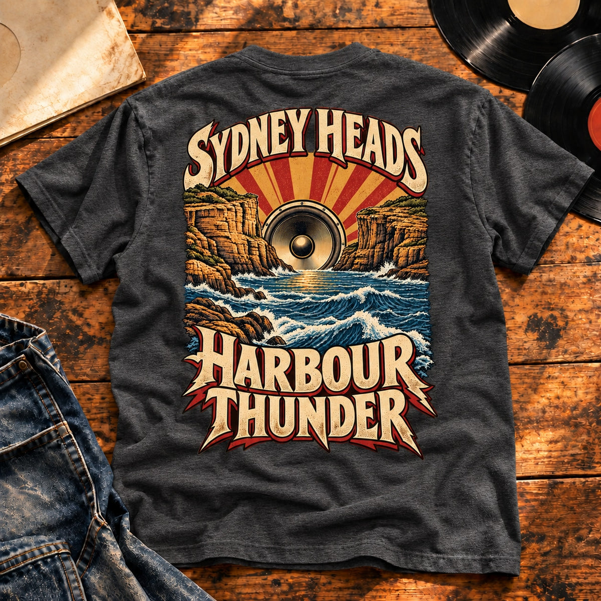 Sydney Harbour Heads Thunder — Charcoal Heather, back print