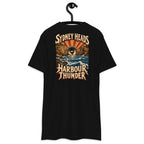 Sydney Harbour Heads Thunder Heavyweight Tee — Black, back view on hanger (Printful)