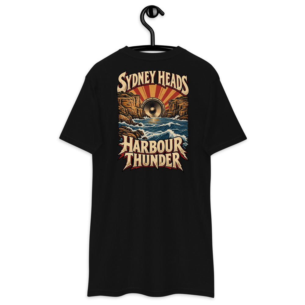 Sydney Harbour Heads Thunder Heavyweight Tee — Black, back view on hanger (Printful)