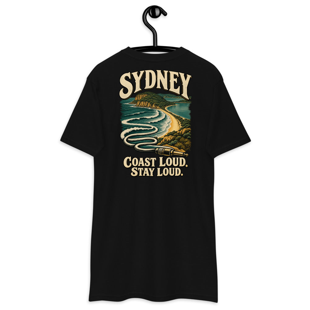 Sydney Northern Beaches Noise Heavyweight Tee — Black, back view on hanger (Printful)