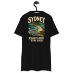 Sydney Northern Beaches Noise Heavyweight Tee — Black, back view on hanger (Printful)