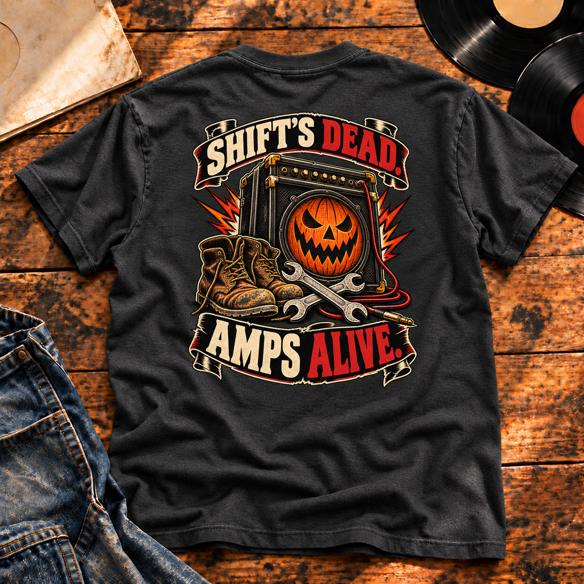 Shift’s Dead, Amps Alive Heavyweight Tee — charcoal