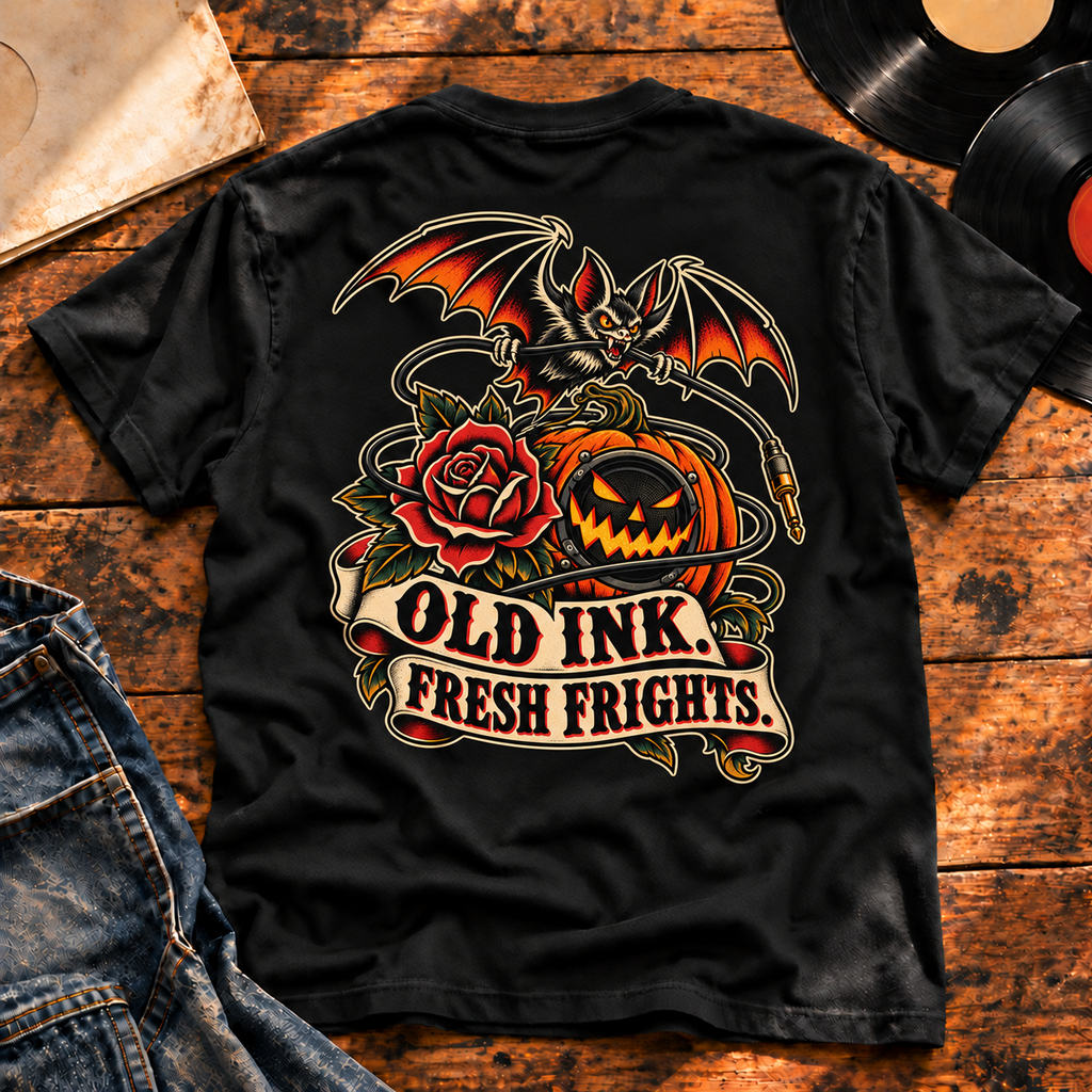 Old Ink, Fresh Frights Heavyweight Tee — black