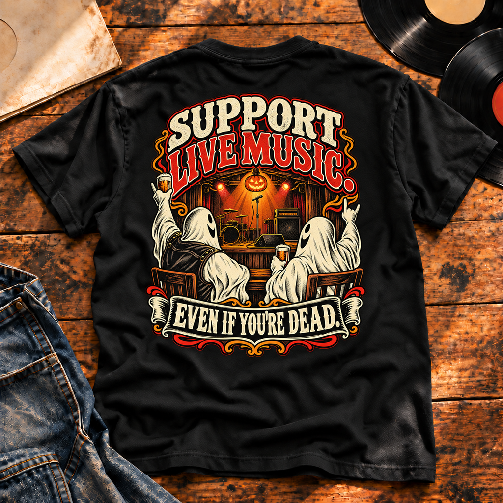 Support Live Music, Even Dead Heavyweight Tee — black