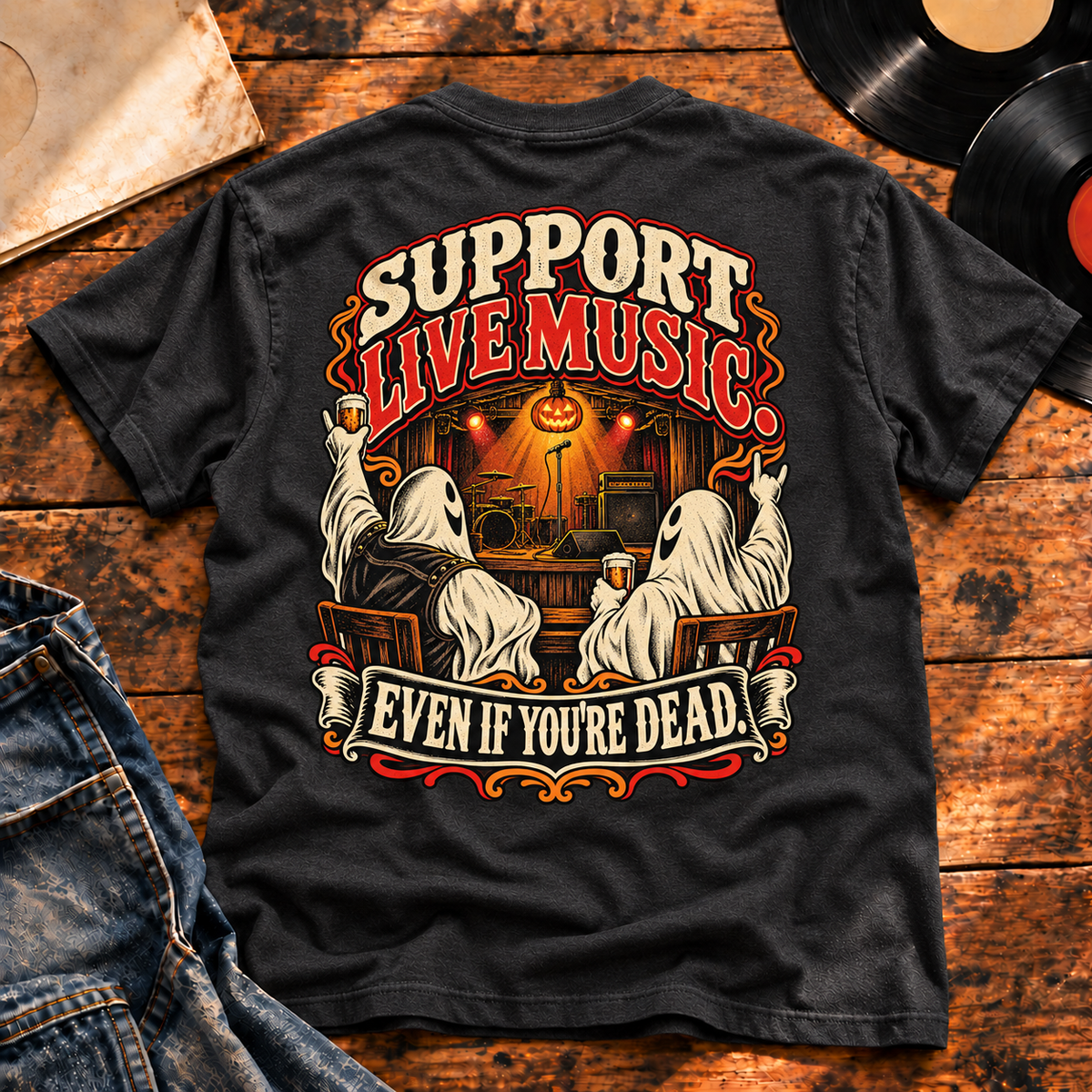 Support Live Music, Even Dead Heavyweight Tee — charcoal