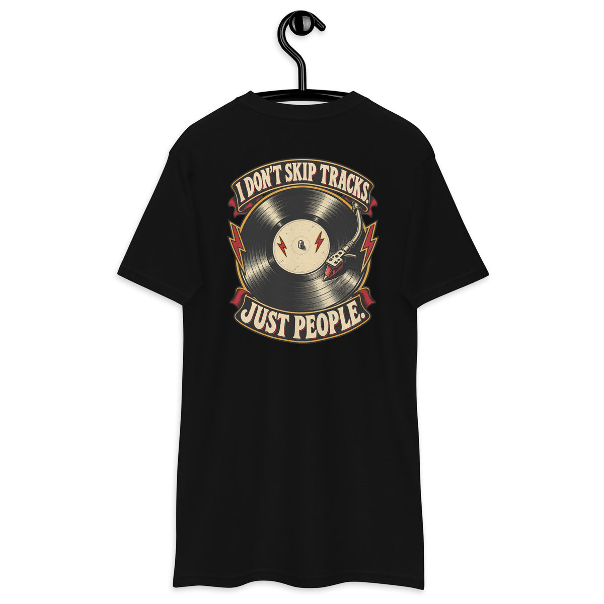 I Donâ€™t Skip Tracks Heavyweight Tee — Black, back view on hanger (Printful)
