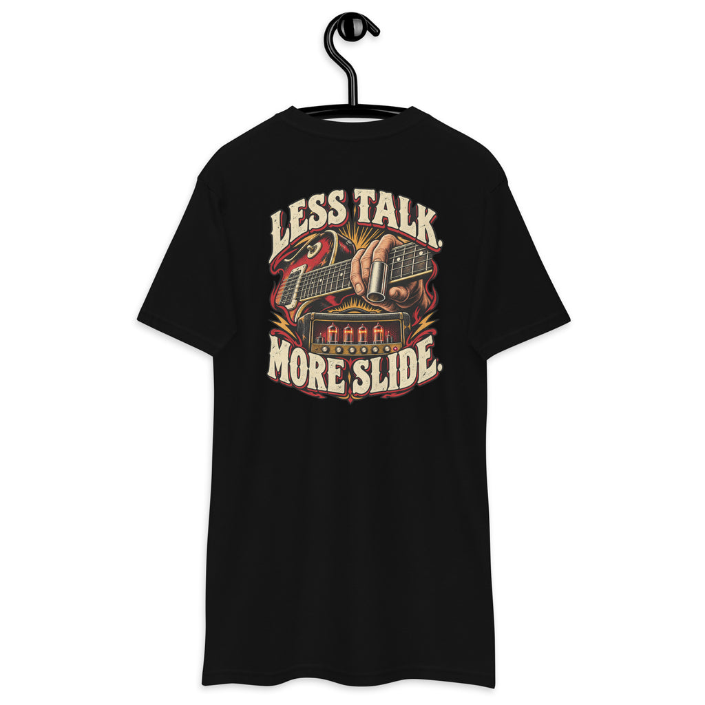 Less Talk More Slide Heavyweight Tee — Black, back view on hanger (Printful)