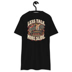 Less Talk More Slide Heavyweight Tee — Black, back view on hanger (Printful)