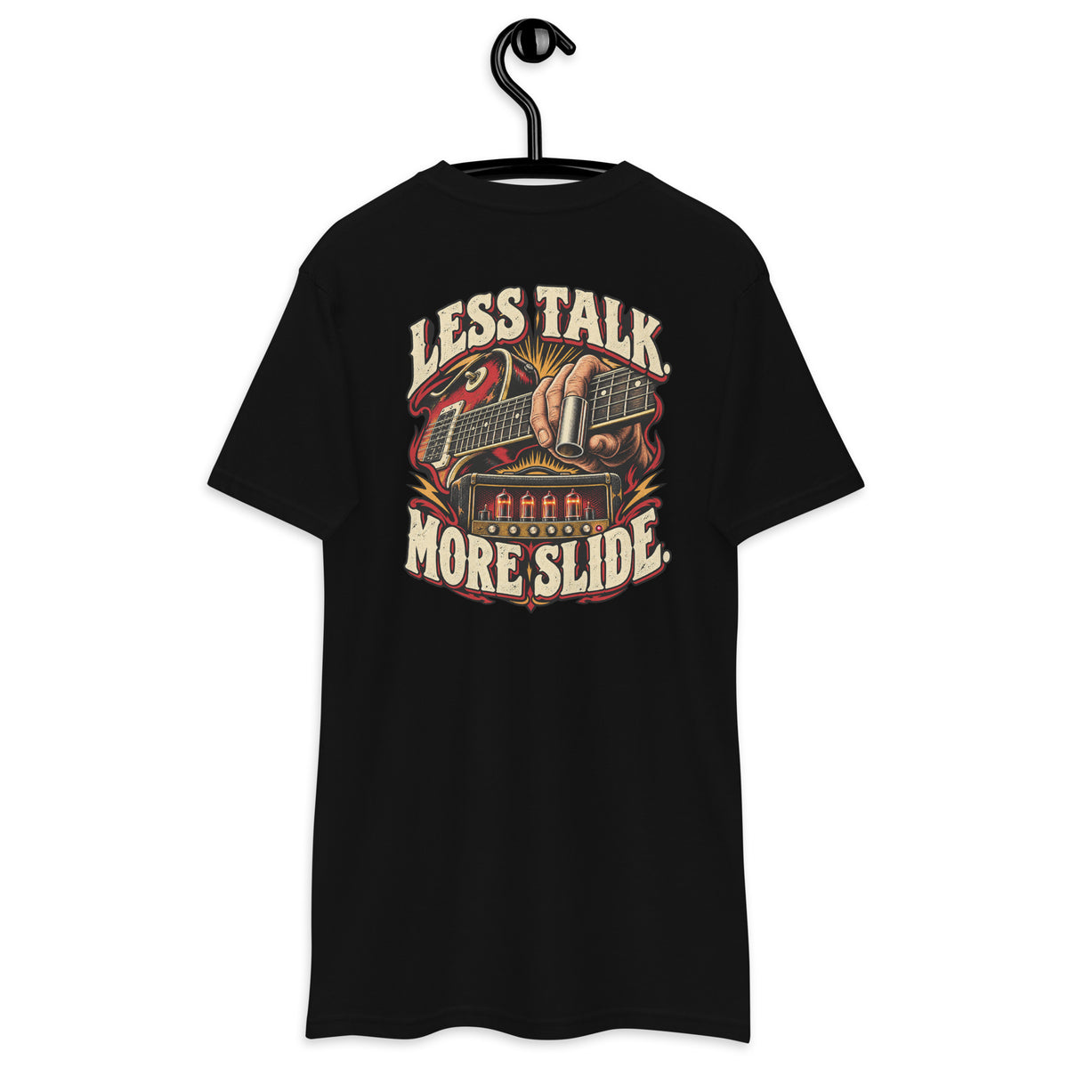 Less Talk More Slide Heavyweight Tee — Black, back view on hanger (Printful)