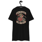 Bad Influence Good Taste Heavyweight Tee — Black, back view on hanger (Printful)