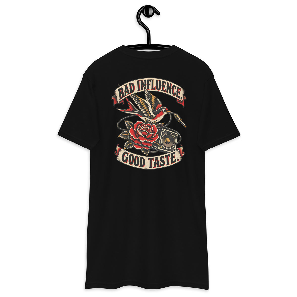 Bad Influence Good Taste Heavyweight Tee — Black, back view on hanger (Printful)