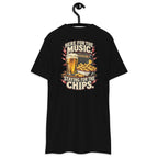 Staying for the Chips Heavyweight Tee — Black, back view on hanger (Printful)