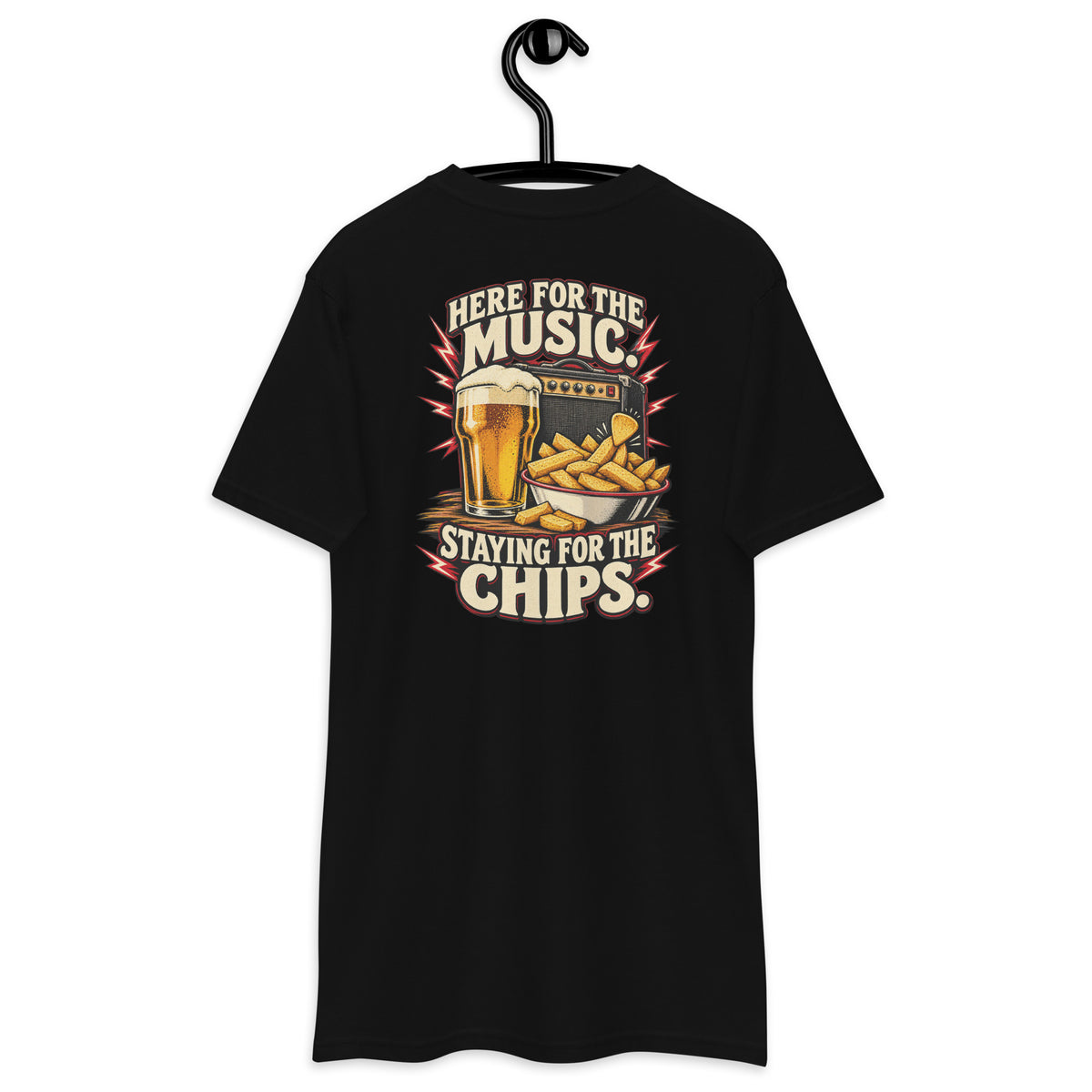 Staying for the Chips Heavyweight Tee — Black, back view on hanger (Printful)