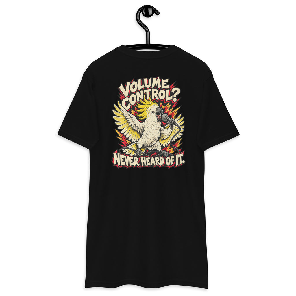 Volume Control Never Heard of It Heavyweight Tee — Black, back view on hanger (Printful)