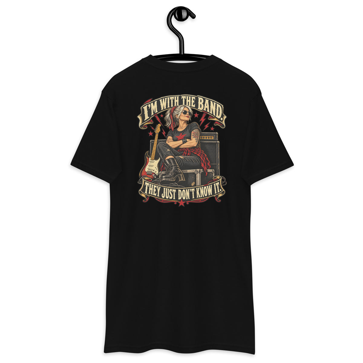 Iâ€™m With the Band Heavyweight Tee — Black, back view on hanger (Printful)