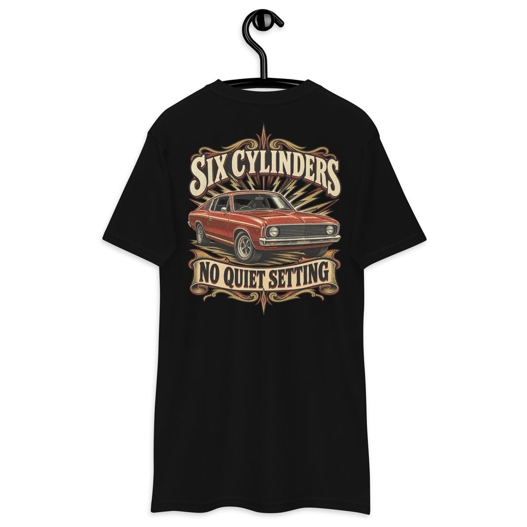 Six Cylinders, No Quiet Setting Heavyweight Tee — Black, back view on hanger (Printful)