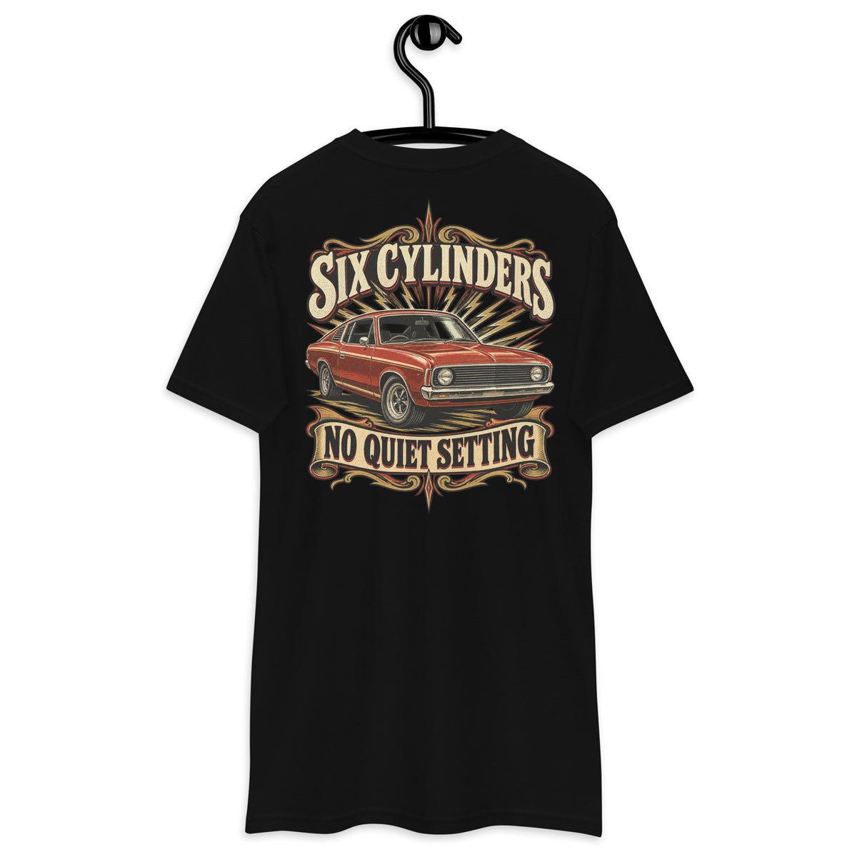 Six Cylinders, No Quiet Setting Heavyweight Tee — Black, back view on hanger (Printful)