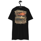 Built for the Road, Wired for Rock Heavyweight Tee — Black, back view on hanger (Printful)