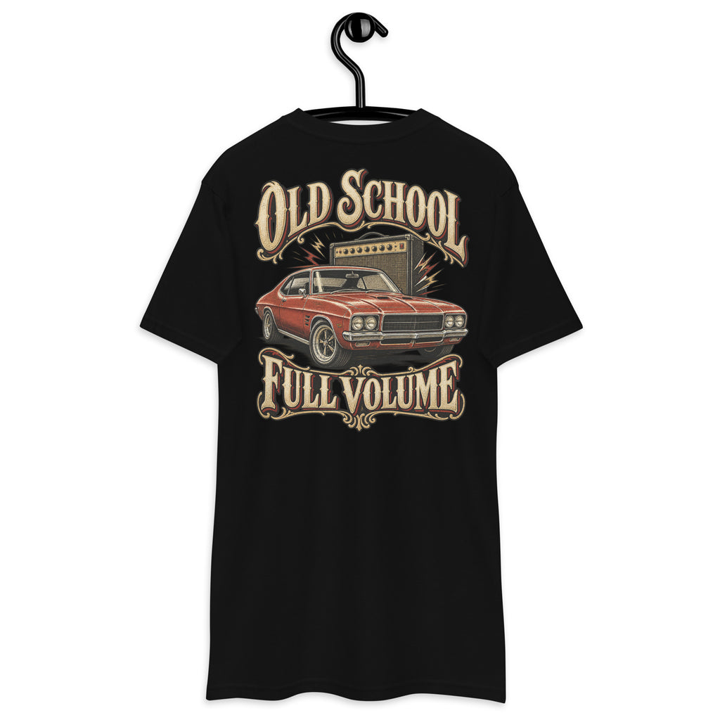 Old School Full Volume Heavyweight Tee — Black, back view on hanger (Printful)