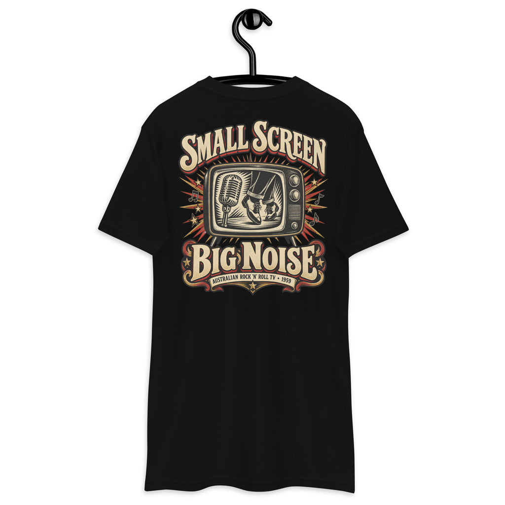 Small Screen Big Noise Heavyweight Tee — Black, back view on hanger (Printful)