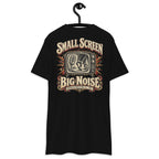 Small Screen Big Noise Heavyweight Tee — Black, back view on hanger (Printful)