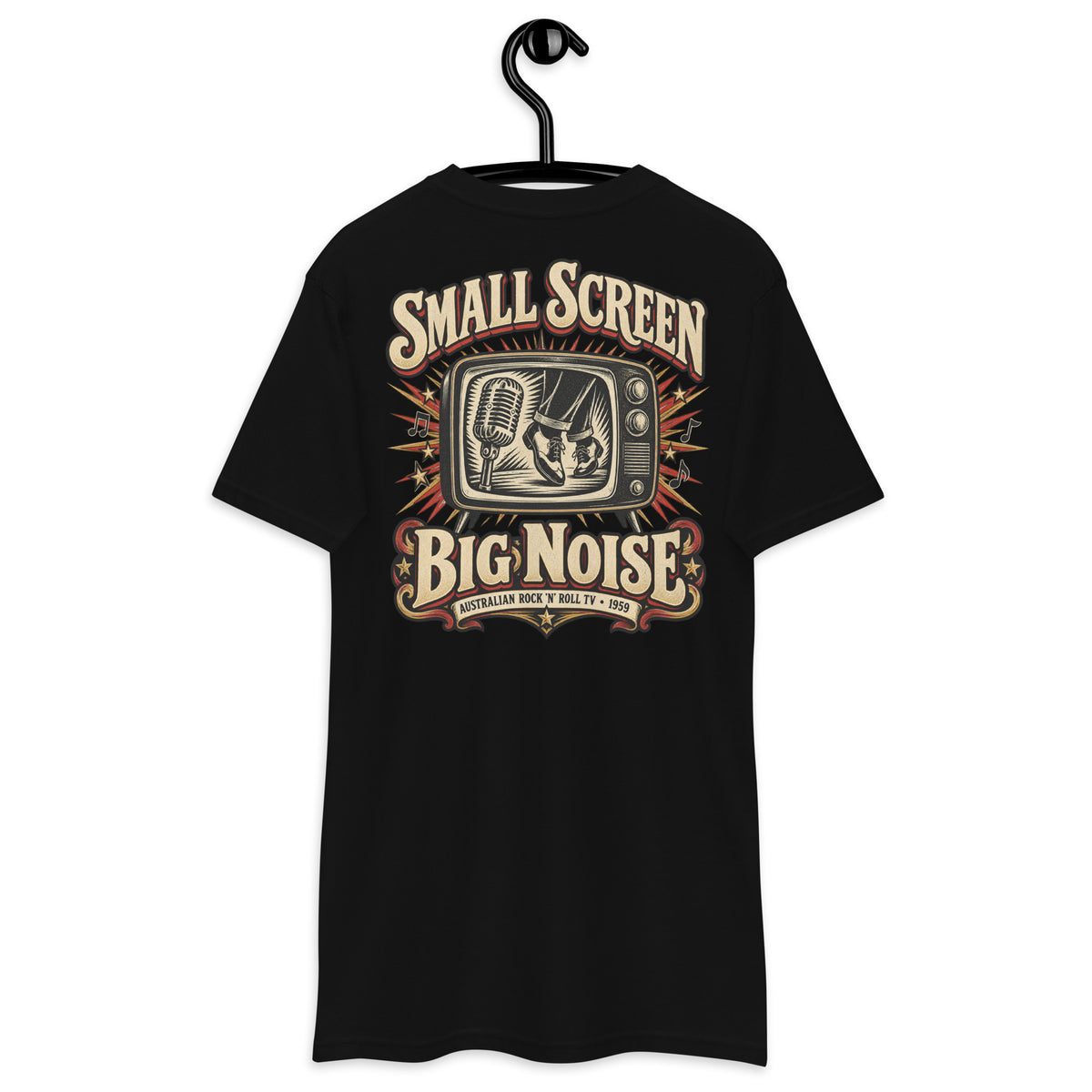 Small Screen Big Noise Heavyweight Tee — Black, back view on hanger (Printful)