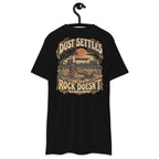 Dust Settles Rock Doesnâ€™t Heavyweight Tee — Black, back view on hanger (Printful)