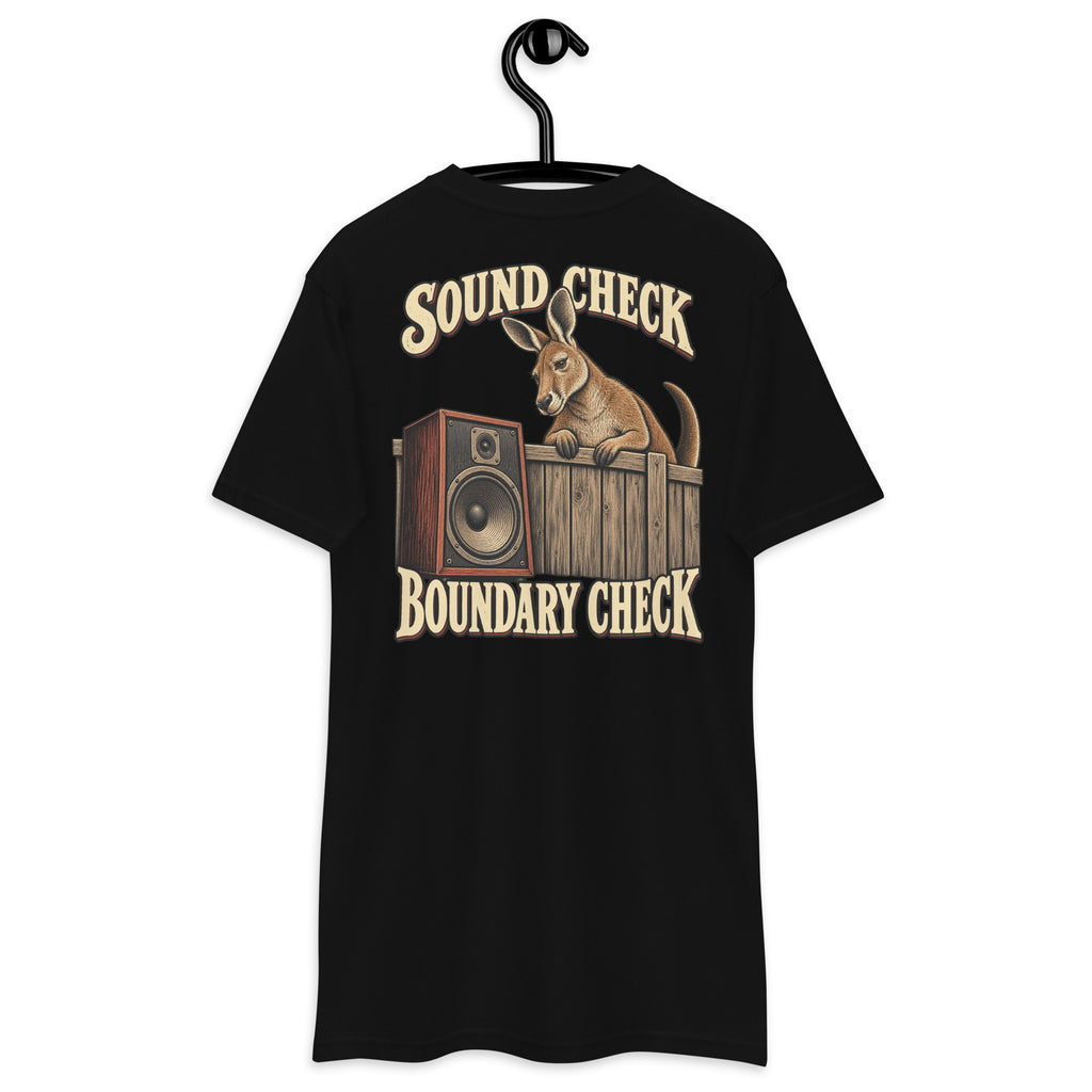 Sound Check Boundary Check Heavyweight Tee — Black, back view on hanger (Printful)